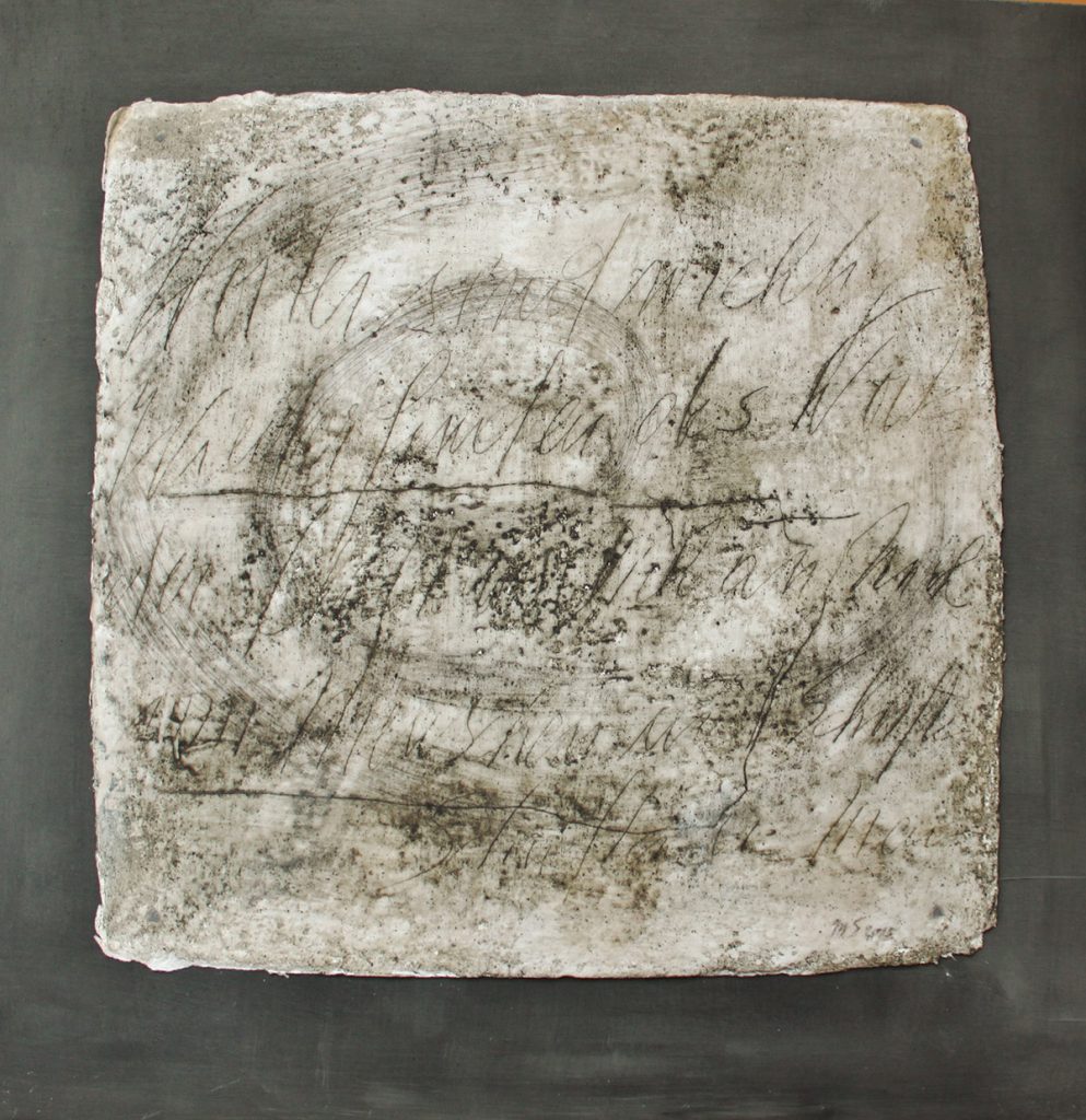 2015: Inscriptions, 70 x 70 cm, Basalt Wachs auf handgesch. Papier und Holz.